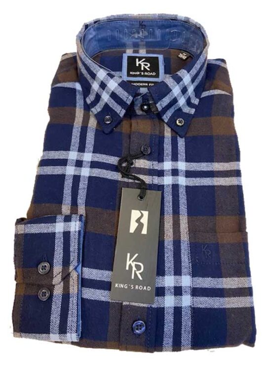 Shirt King's Road, Blauw Bruin Ruit, Zware Flannel – Bild 2