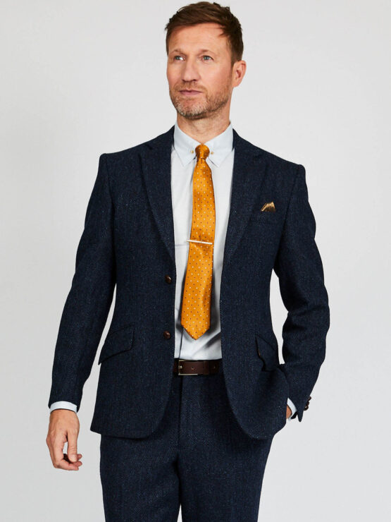 Harris Tweed Jacket Leather Buttons- Navy Herringbone – Bild 3