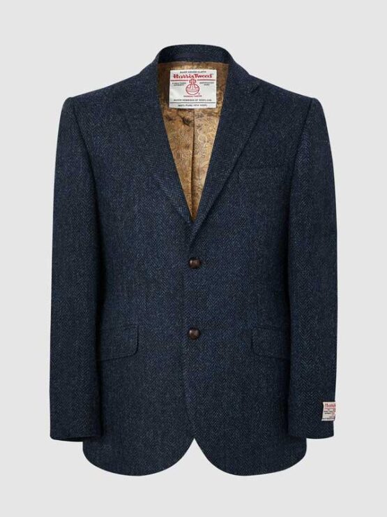 Harris Tweed Jacket Leather Buttons- Navy Herringbone