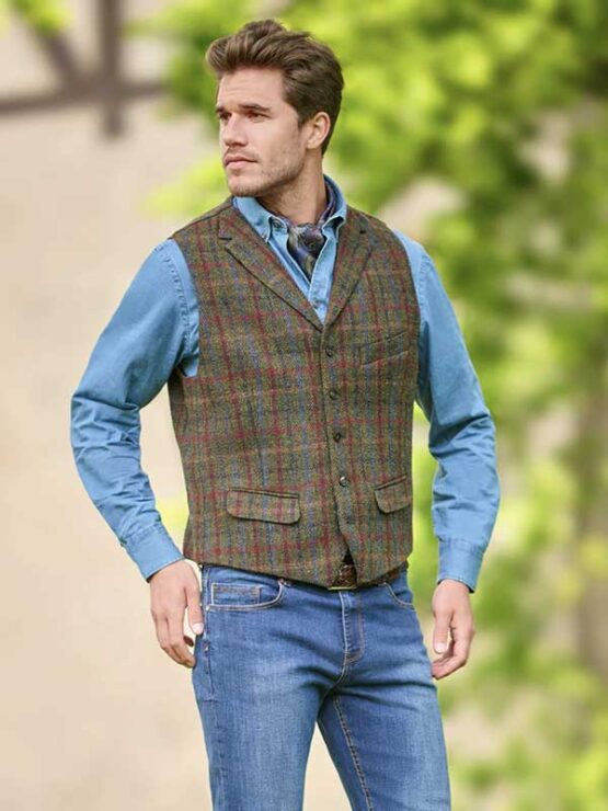 Harris Tweed Weste mit Revers 650 ”Wales” in oliv-blue Overcheck – Bild 2