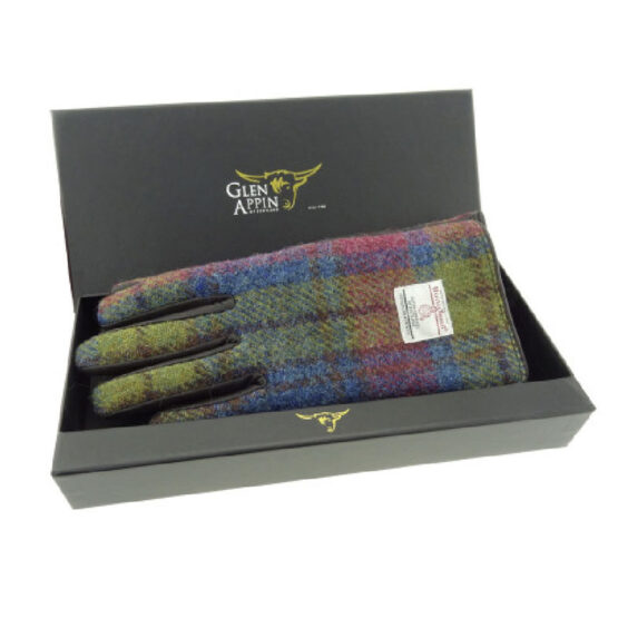 Ladies Brown Leather &Ladies Brown Leather & Harris Tweed Gloves Boxed in Multi Tartan