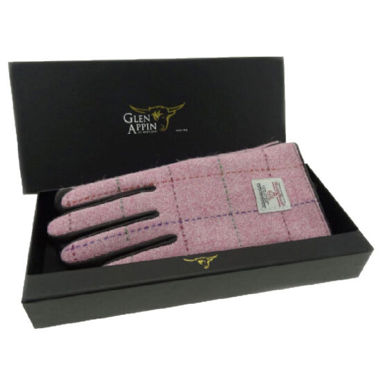 Ladies Brown Leather & Harris Tweed Gloves Boxed in Bright Pink