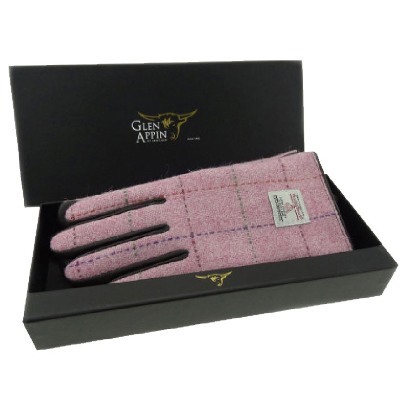 Ladies_Brown_Leather___Harris_Tweed_Gloves_Boxed_in_Bright_Pink