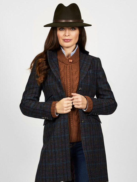 Harris Tweed Damenmantel, Tori 3/4 Mantel, Marineblau, Multi Check