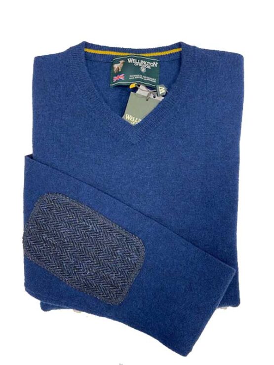 Herren Strickpullover ''Jack'' In Denim Blue Mit Harris Tweed Applikationen – Bild 3