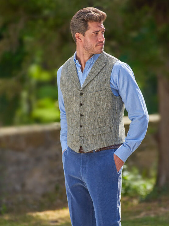 Harris Tweed Weste "Wales" In Multi Green Tweed