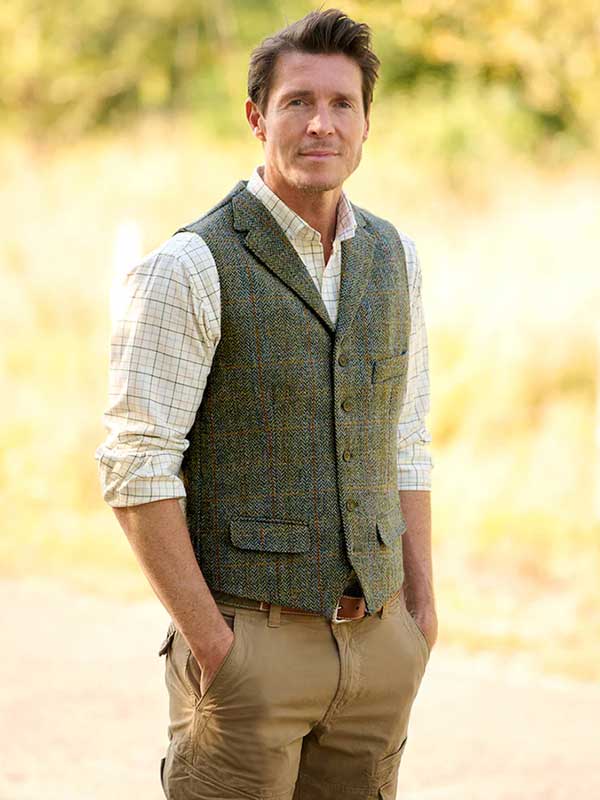 Harris_Tweed_Vestje_Wales_Met_Revers_In_Oliv_Blue_Overcheck