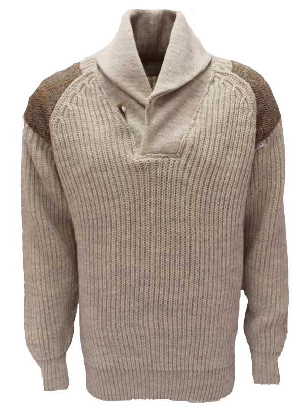 Grobstrickpullover mit Schalkragen und Harris-Tweed-Einsätzen, hellgrau, walisisch – Bild 3