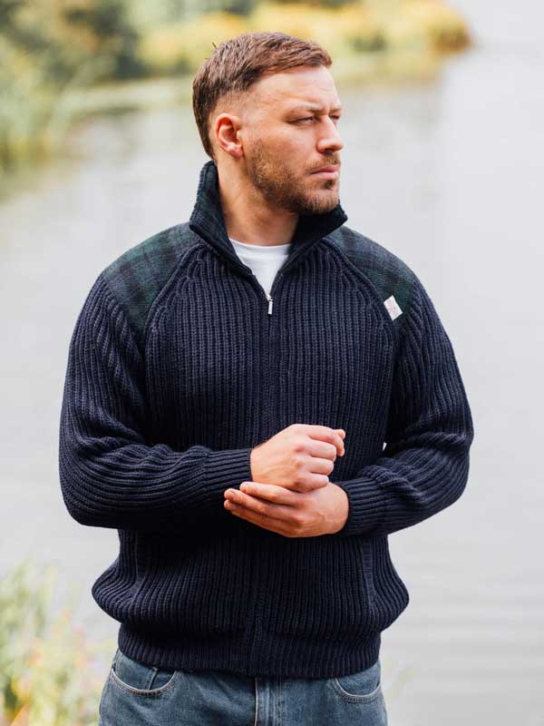 Shetlander_Full_Zip_Cardigan_with_Harris_Tweed_Shoulder_patches_Navy