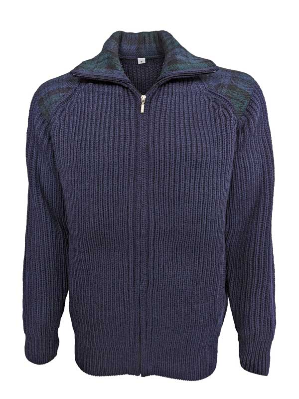 Shetland-Strickjacke mit durchgehendem Reißverschluss und Schulterpatches aus Harris Tweed, Marineblau – Bild 3