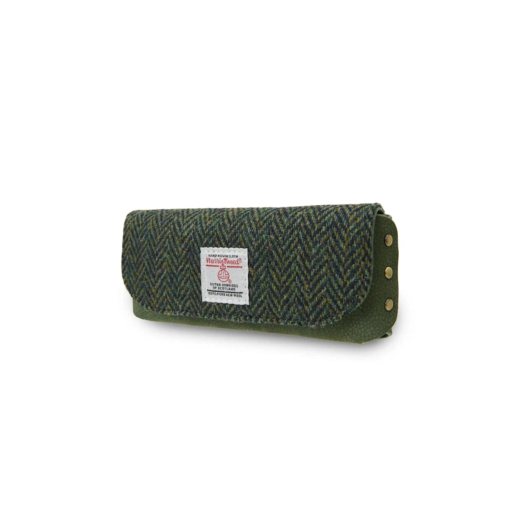 Harris_Tweed_Leather_Glasses_Case_Dark_Green_Herringbone