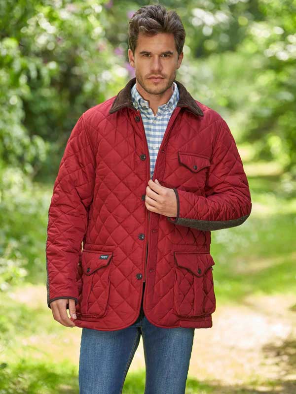 Herren Steppjacke ''Boston'' In Red Dahlia Mit Harris Tweed Applikationen