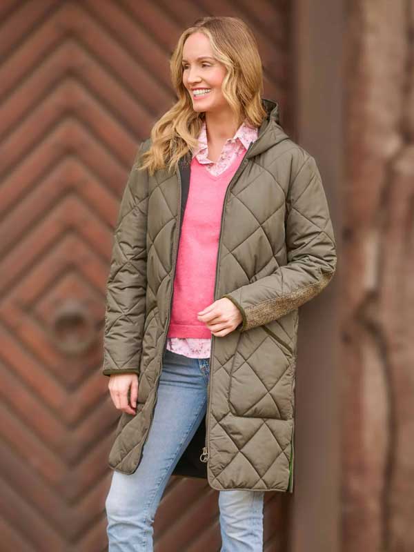 Damen Steppmantel ''Perth Polar'' Mit Polar Fleece & Tweed Applikationen In Oliv
