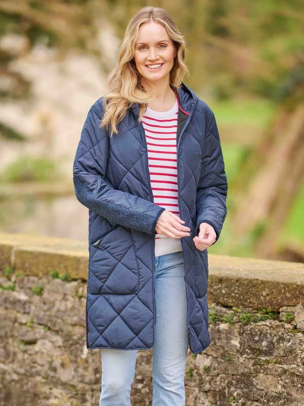 Damen Steppmantel ''Perth Polar'' Mit Polar Fleece Und Harris Tweed Applikationen In Navy