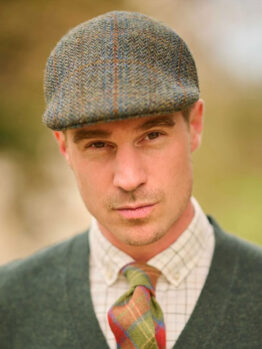 Harris Tweed Mütze "Henry Cap" In Oliv-Blue Overcheck