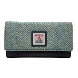 Harris Tweed Damen-Geldbörse im Umschlagformat in Türkis-Fischgrätmuster