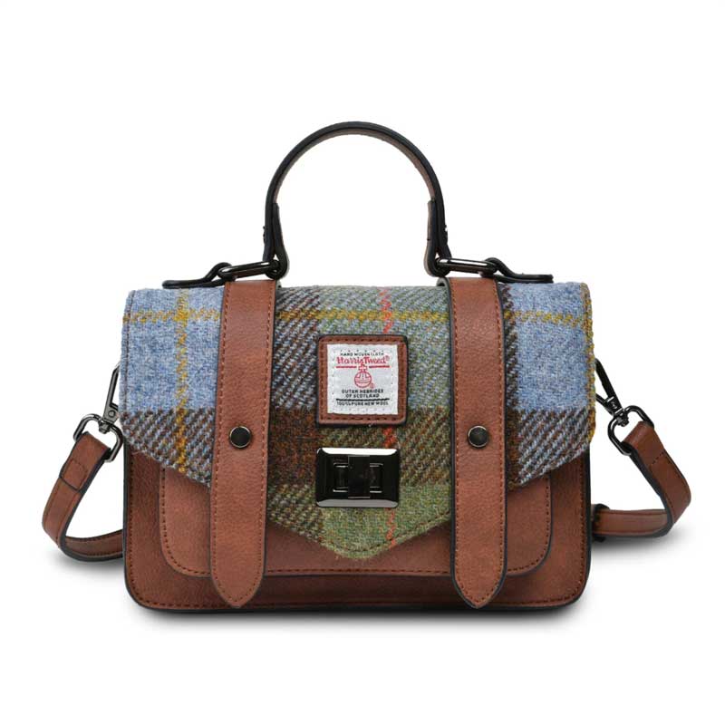 Harris Tweed-Clutch, The Mini Satchel, Islander, Kastanienbraun-Blaues Schottenmuster