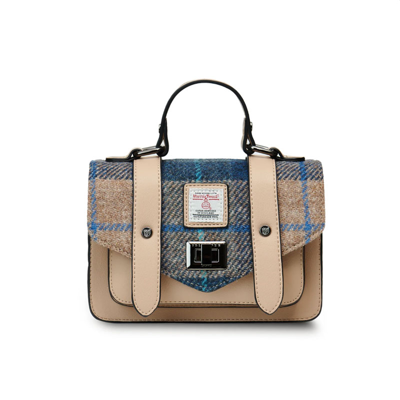 Harris Tweed-Clutch, The Mini Satchel, Islander, Marineblau Beige Schottenmuster